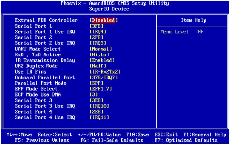 Super IO Device External FDC Controller 외부플로피디스크 Controller 사용을설정합니다. Disabled (Default) Enabled Z-150PTM은플로피디스크드라이브를제공하지않습니다. Serial 1,2,3,4/Parallel Port 시리얼포트및프린터포트의환경을설정합니다.