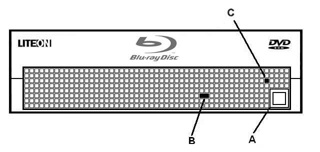 기능과조정 앞면 그림 : BD 드라이브의앞면견본 ( 사용자의드라이브는다를수있음 ) A 추출/ 닫기버튼트레이추출/ 닫기를위해버튼을누름. B 작업중/ 쓰기 LED C 비상 추출구 드라이브의동작상태를나타냅니다.