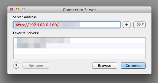 MAC의 Finder에서 Command+K를누른후 afp://nas주소로입력하고로그인하면파일을업로드 / 다운로드할수있습니다.
