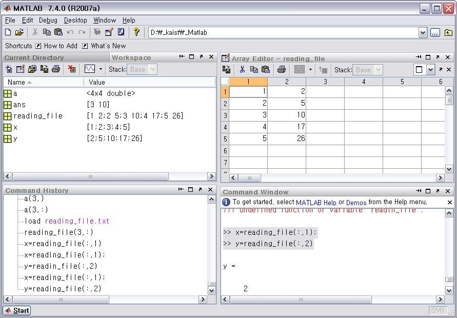작업공간 ; Workspace 명령창 ; Command Window 명령기록 ; Command History 배열편집 ; Array Editor 그림 (1.3) MATLAB 화면구성 1 행렬조작 1.1. 개요 Matrix 연산을위해만들어졌다. 따라서행렬조작을이해하는것이첫번째할일이다. 문제다음행렬을입력하라.