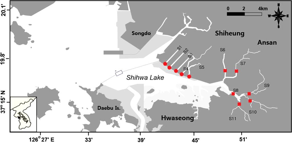 시화호유역하천퇴적물에서의중금속오염도평가에관한연구 27 Fig. 1. Location of sampling sites in the stream sediments around Shihwa Lake. The circle and square symbols represent industrial and rural/ urban regions, respectively.