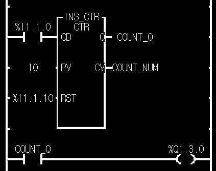 프로그램예입력접점 %I1.1.0 에 10 번의펄스가들어올때마다, 출력접점 %Q1.3.1 을 ON 시키는프로그램 LD (1)CTR 펑션블록의이름을등록합니다 (INS_CTR) (2)CD 에펄스입력이들어올입력접점 %I1.1.0 을입력합니다. (3)PV 에 10 을입력합니다. (4)CV 를초기화시키는 RST 에는임의의입력접점을설정합니다.(%I1.1.10) (5)CV 에는임의의변수 (COUNT_NUM) 를설정하여입력합니다.