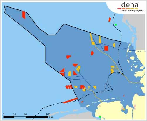 2) 위한계획수립 - 해상풍력에너지이용이적합하고분쟁이적은지역을확인하여법령에근거하여풍력에너지이용을위한특별지역으로분류 - 2030년까지 20~25GW 정도의용량을가지는해상풍력발전단지설치가가능할것으로예측됨 - 북해와발트해지역은해상풍력에너지이용의중추적인역할담당 - 북해와발트해는수심이얕고, 인구가많은지역이가까이있기때문에해상풍력발전단지조성에적합 Windparks: