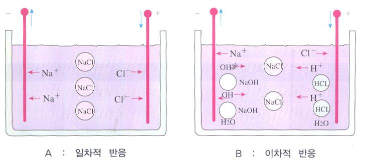 H 2 O+NaCl 일차반응 : Na + ( 음극 ) + Cl - ( 양극 ) 이차반응
