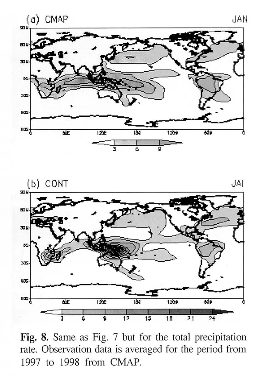7 but for the total precipitation rate. Observation data is averaged for the period from 1997 to 1998 from CMAP. Fig. 9. Same as Fig.