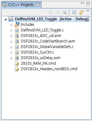 실습 - 프로젝트구성파일추가 새롭게생성된프로젝트에프로젝트구성파일들을추가합니다. C/C++ Project 박스에 DelfinoEVM_LED_Toggle 프로젝트의생성을확인하고, 클릭합니다.