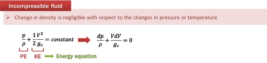 Bernoulli s equation p ρ + 1 = constant 2 g c V 2 dp ρ + VdV g c = 0