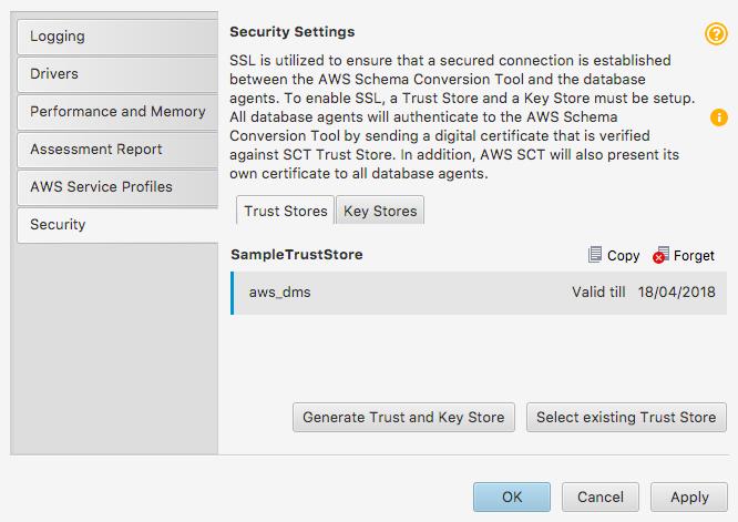 에이전트 설치 추출 에이전트와의 보안 통신을 설정하려면 1. AWS Schema Conversion Tool을 시작합니다. 2. [Settings] 메뉴를 열고 [Global Settings]를 선택합니다. [Global settings] 대화 상자가 나타납니다. 다음 그림과 같이 [Security] 탭을 선택합니다. 3.