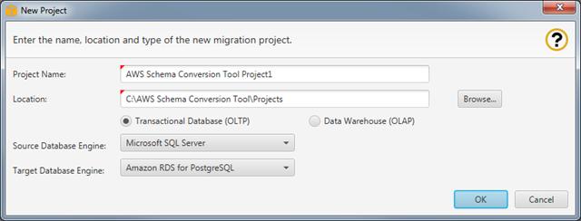 프로젝트 생성 AWS Schema Conversion Tool 프로젝트 생성 다음 절차에서는 AWS Schema Conversion Tool 프로젝트를 생성하는 방법을 보여줍니다. 프로젝트를 생성하려면 1. 2. AWS Schema Conversion Tool을 시작합니다. [File] 메뉴에서 [New Project]를 선택합니다.