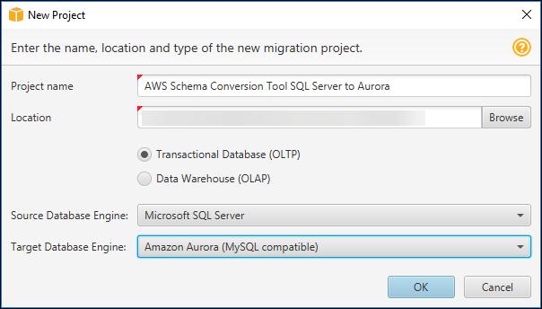 4단계: AWS SCT를 사용하여 SQL Server 스키마를 Aurora MySQL로 변환합니다. 3. 파라미터 설명 [Source Database Engine] [Microsoft SQL Server]를 선택합니다. [Target Database Engine] [Amazon Aurora(MySQL compatible)]를 선택합니다.