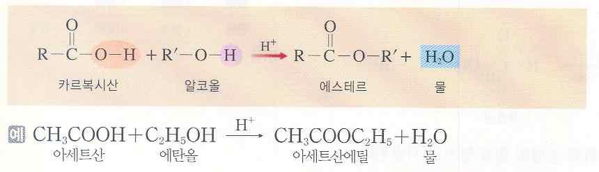 카르복시산 ) 과반응하면알코올의 -H 와카르복시산의 -OH 가물이되어빠져나오면서에스테르가생성된다.