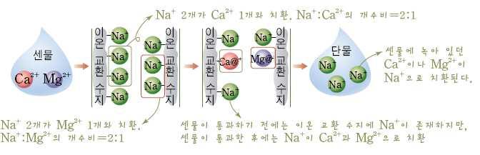 3. 센물의단물화 일시적센물의단물화 앙금반응 이온교환수지자세히보기 센물을이온교환수지에통과시켜칼슘이온 (Ca 2+ ) 나마그네슘이온 (Mg 2+