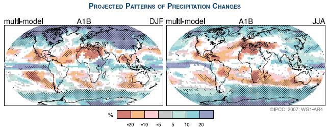 바람과강수, 온도패턴등지난반세기동안지속해서관찰해온패턴들에의해추가적인열대폭풍의경로가극지로이동할것으로예측되었다. {3.6, 10.3} TAR 이후, 강수의패턴에대한이해도가높아졌다. 최근관찰된패턴의추세에따라고위도지방의강수량이증가하는반면대부분의아열대지방의강수량은감소할것으로예상된다. (2100 년 A1B 시나리오에따르면 20% 에이른다.) {3.3, 8.3, 9.