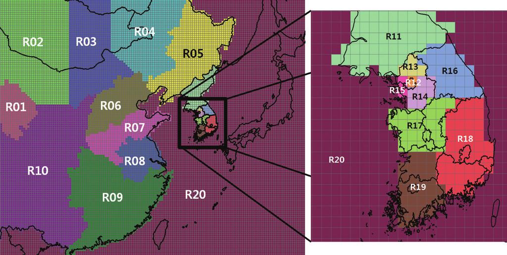 84 김종희 최대련 구윤서 이재범 박현주 Fig. 1. The modeling domain of CMAQ and 2 emission source regions for regional contribution analysis. 평가하였다. 2. 연구방법 2.