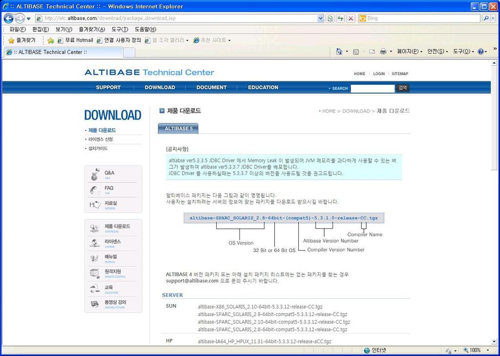 ODBC Driver 설정사항 개발하기전에먼저 ALTIBASE ODBC 환경의개발을위해서는 ALTIBASE 가제공하는 ODBC Driver 를설치해야한다. 현재 http://atc.altibase.com 에서다운로드받을수있으며별도의설치과정없이 DLL 파일을제공받을수있다. ODBC Driver 다운로드 http://atc.altibase.com 에접속하여 제품다운로드 LIBRARY 부분으로이동하면 ODBC 파일을내려받을수있다.