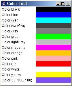 Chapter 13 AWT 와애플릿(Applet) 717 [ 예제13-20]/ch13/ColorTest.java import java.awt.*; class ColorTest { public static void main(string args[]) { Frame f = new Frame("Color Test"); f.