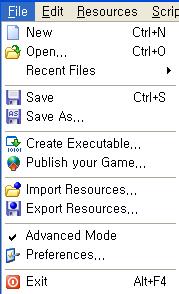 File menu New. Choose this command to start creating a new game. If the current game was changed you are asked whether you want to save it. There is also a toolbar button for this. Open.