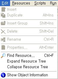 Edit menu Insert resource. Inserts a new instance of the currently selected type of resource before the current one. A form will open in which you can change the properties of the resource.