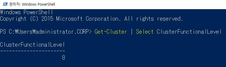 ClusterFunctionalLevel 명령어를통해값이 8 임을확인합니다.