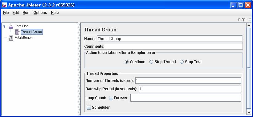 3.3 웹페이지접속가능여부확인테스트기능 (3/14) Thread Group 생성후오른쪽에나오는항목들을작성합니다. Name : Thread Group 의이름을입력합니다. Action to be taken after a sampler error : 테스트수행중에러가발생될때의상황을설정합니다.