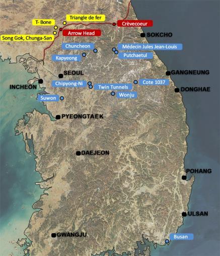 Mission de défense 한국전쟁전투지도 Carte des lieux où le Bataillon français de l ONU est intervenu pendant la Guerre de Corée.