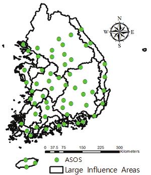 16 조재필 정임국 조원일 황세운 Fig. 1. Weather stations used for downscaling. 일반적인분석시스템의적용을위해관측자료의완결 성검증을수행하였으며이는관측자료에많은결측기간을포함하고있는개발도상국에대한분석시스템의적용시선행되어야할필수과정이다.