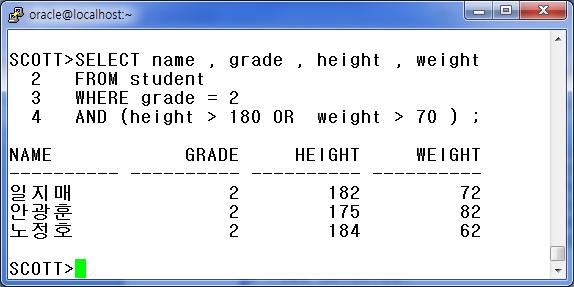 4. Student 테이블을사용하여 2 학년학생중에서키가 180 cm 보다크거나또는몸무게가 70 kg