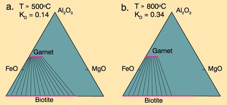 Figure 27-6. AFM projections showing the relative distribution of Fe and Mg in garnet vs. biotite at approximately 500 o C (a) and 800 o C (b).