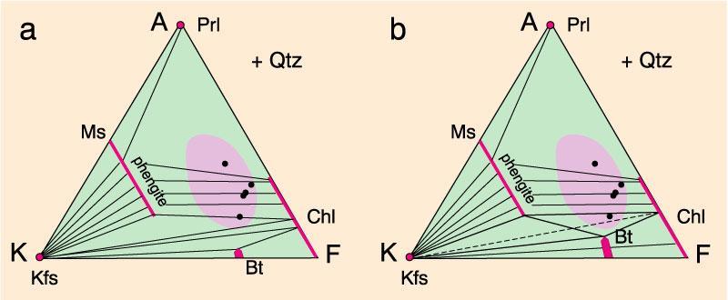 Metapelites Figure 28-3. Greenschist facies AKF diagrams (using the Spear, 1993, formulation) showing the biotite-in isograd reaction as a tie-line flip.