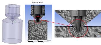 한국산학기술학회논문지제 18 권제 6 호, 2017 (3) 난류유동의해석을위해현재까지가장범용적인난류모델인 모델을사용하였다. 난류운동에너지 () 와난류소멸률 () 방정식은다음과같다. 난류방정식 (4) (5) Fig. 2. Computational mesh of ultrasonic atomizing nozzle 2.2.3 경계조건이상노즐유동을해석하기위해서노즐내공기입출구의압력, 코팅액의유량조건을그리고노즐벽에서경계조건을사용하였다.
