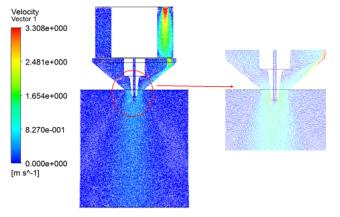 vector Fig. 6. Contour plot of liquid droplet volume fraction and velocity vector in the BS contraction nozzle 축부의형상, 공기측분사압력의크기등의영향을수치적으로해석하였다.