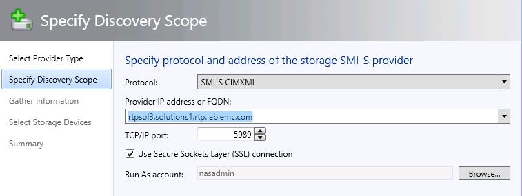 4 장 : 솔루션구축 2. Storage 에서 File servers 를마우스오른쪽버튼으로클릭하고 Add storage device 를선택합니다. 3. Add Storage Devices 마법사에서 SAN and NAS devices discovered and managed by a SMI-S Provider 를선택하고 Next 를클릭합니다.