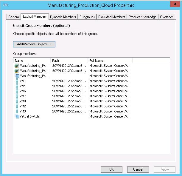 5 장 : 솔루션검증 그림 28. 관리그룹의명시적구성원 객체는포함규칙에기반하여동적으로그룹에추가할수있습니다. Manufacturing_Prod_VM 접두사를사용하여 Manufacturing Production 클라우드가상머신을생성하면 Manufacturing_Prod_VM 문자열이있는가상머신객체를포함시키는규칙이그룹에추가될수있습니다.