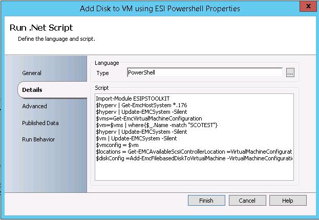 5 장 : 솔루션검증 Runbook 의세번째작업은그림 34 에서와같이또다른 ESI PowerShell 스크립트를실행하여방금생성한가상머신에디스크를추가하는것입니다. 그림 34.