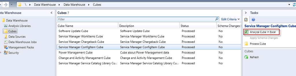 5 장 : 솔루션검증 Chargeback 데이터분석 1. SVSM 콘솔에서 Data Warehouse 를클릭한후 Cubes 를선택합니다. 2.