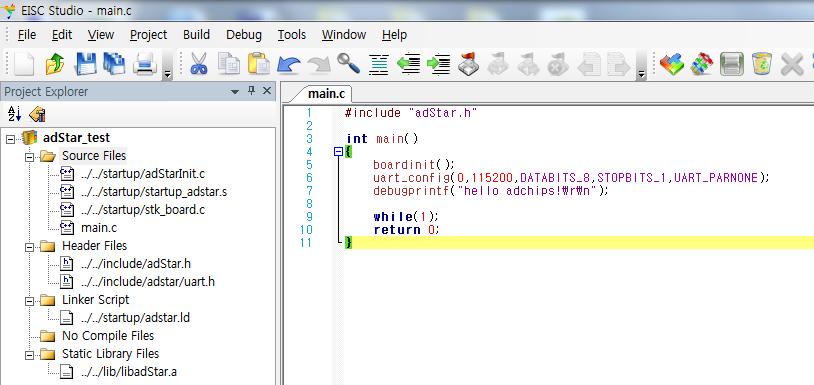 Ver 1.30 adstar SDK Reference Manual 8. 위처럼추가를다했으면 Source Files 에서마우스오른쪽키를누르고 Add New File 을 클릭 main 프로그램을작성할 main.c 를생성해주면된다. 다음은 main.