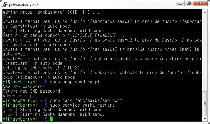 2.2 Open H/W 기반개발환경구축 Samba 서버구축 Samba 서버재시작 pi@raspberrypi ~ $ sudo service