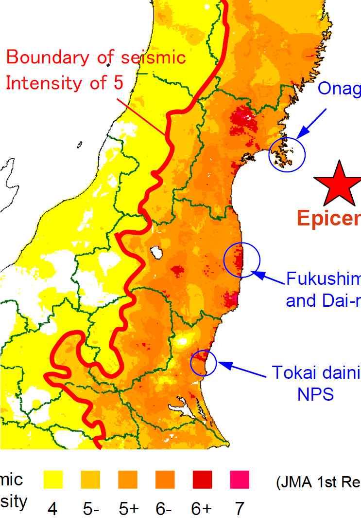 JMA 진도 5 이상측정된지역경계 오나가와원전 진앙 (Epicenter) 후쿠시마제 1 원전후쿠시마제 2 원전 후쿠시마제 1,2 원전 토카이제 2 원전 진도 (JMA) < 그림 3.