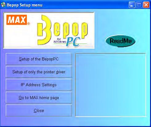 8 Installation and Uninstallation 8.1 Setup Menu The Setup menu activated by the included CD-ROM has the following functions: Install BepopPC, and desired printer driver. Normally, select this button.
