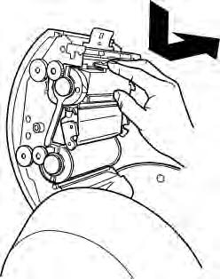 Holding the ink ribbon cassette so that its sponge faces downward, turn the ribbon gear in the arrow-indicated direction as shown in the figure to take up the slack of the ink ribbon.