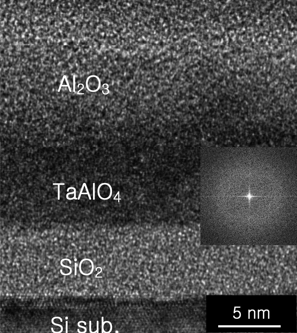 터널링 산화막 두께 변화 및 열처리에 따른 Al O /TaAlO /SiO 다층막의 전기적 특성에 관한 연구 Fig.. HR-TEM image f the A/TAlO/S structure with a 5 nm thick tunnel xide layer depsited n a Si (100) substrate at 00 C. 3 Fig.