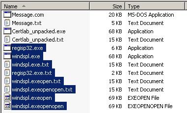 분석결과 Message.com 이라는 19.4kb 의악성코드를실행하게되면 windspl.exe 파일과 regisp32.exe 파일을생성하는것을볼수있습니다. 아래화면은악성코드원본 Message.com 파일과 Unpacking 한 Certlab_unpacked.exe 파일의 사이즈를보실수가있습니다. (txt 파일은각각의실행파일의 Strings 결과입니다.