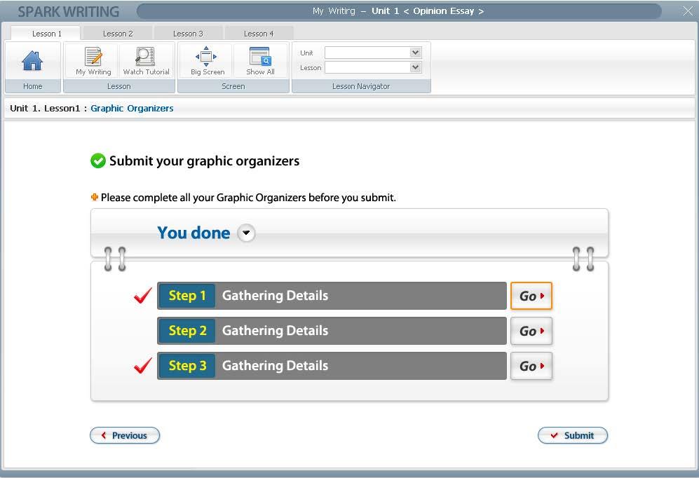 Graphic Organizers 제공되는 Graphic Organizer 를모두작성하면 Submit 클릭하여교사에게제출합니다.