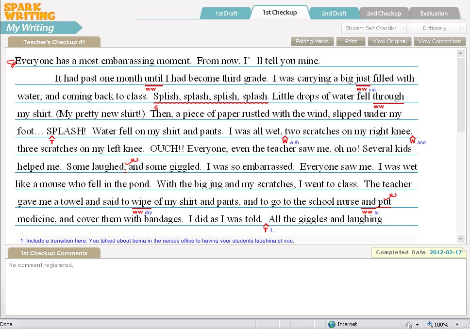My Writing Lesson 3: st Checkup 3. Teacher s Checkup: 교사의첨삭지도내용을확인할수있습니다. 상단 Editing Marks 의첨삭기호에대한설명을참고하여선생님의첨삭내용을확인해봅니다. 2. st Check up Comments: 글에대한교사의코멘트내용을확인할수있습니다.