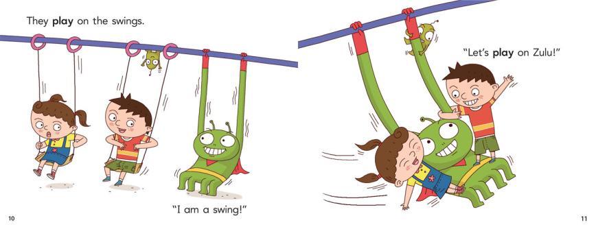 C: They are playing on the swings. T: Zulu makes himself a swing. Now, where are they playing?