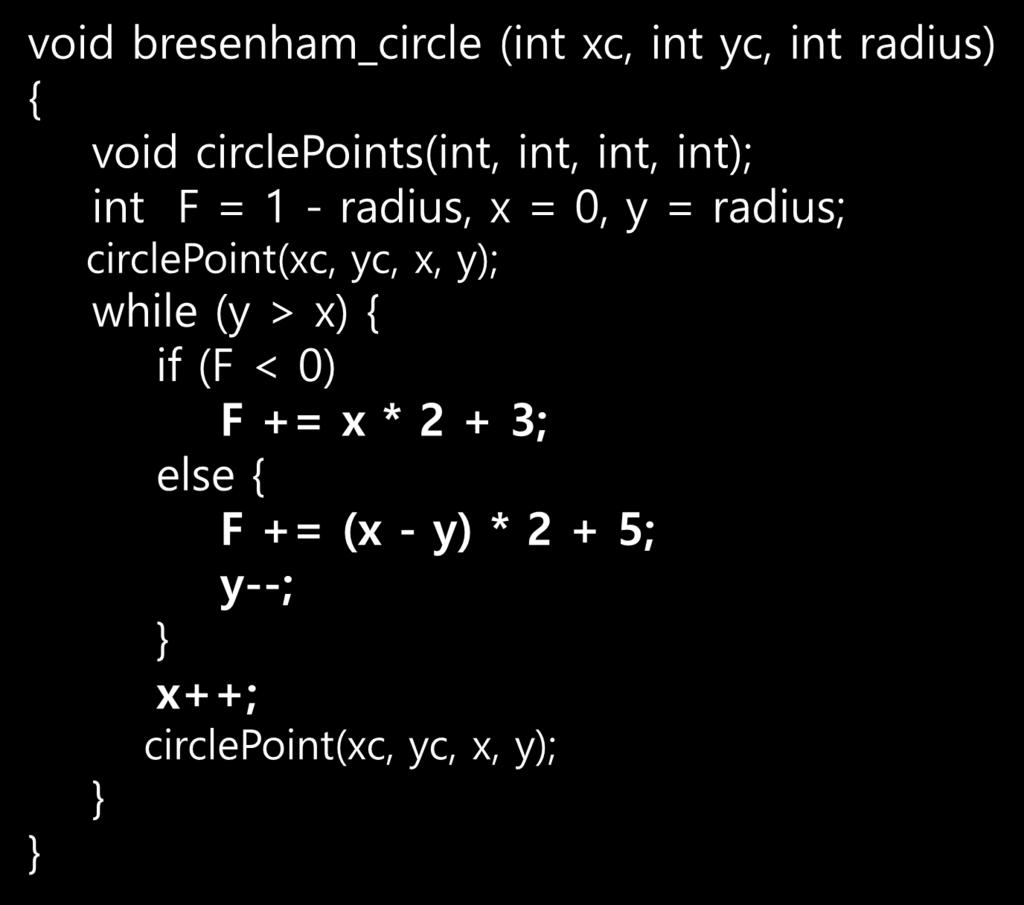 중간점원그리기알고리듬 void bresenham_circle (int xc, int yc, int radius) { void circlepoints(int, int, int, int); int F = 1 - radius, x = 0, y =