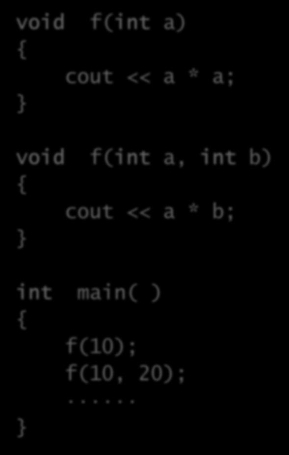 함수의다중정의 예 void f(int a) cout << a * a; void f(int