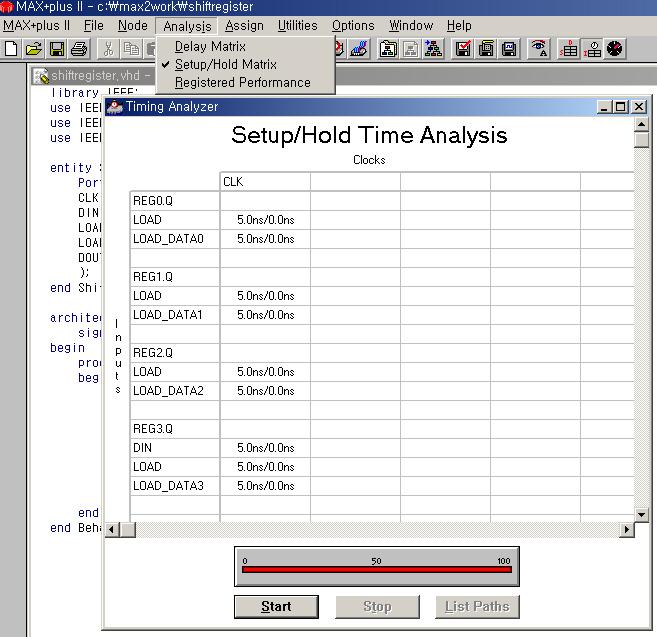 체크 [ 그림 7-6] setup/hold time analysis 위의그림을보면 setup time이 5ns, hold time이 0ns임을알수있다. 이값을알았으니, 이제이값에위배되는값을일부러 waveform에넣어보고어떻게동작하는지알아본다. 아래그림처럼 setup time이 5ns보다는커야하지만일부러 3ns를넣어보자.