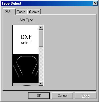 Fig. 3.27. Stator Type Select window. 선택되어진슬롯은반전되어나타나며, Slot type 은총 6가지가있으며각각의형상은다음과같다. Table. 3.1. Slot type DXF 를 Import 했을때 가자동으로선택하게된다. 현재 Slot 의상태가 DXF 라는것을알려준다.