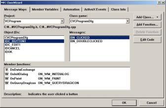 , Visual C++ View Class Wizard [ 119] Message Maps Object IDs (Object) Messages Member